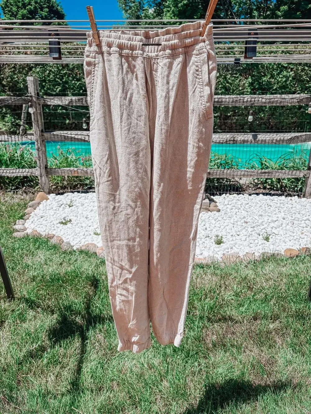 Zara Beige Linen Blend Jogger Pants Small Elastic Waist Beach Casual Lightweight